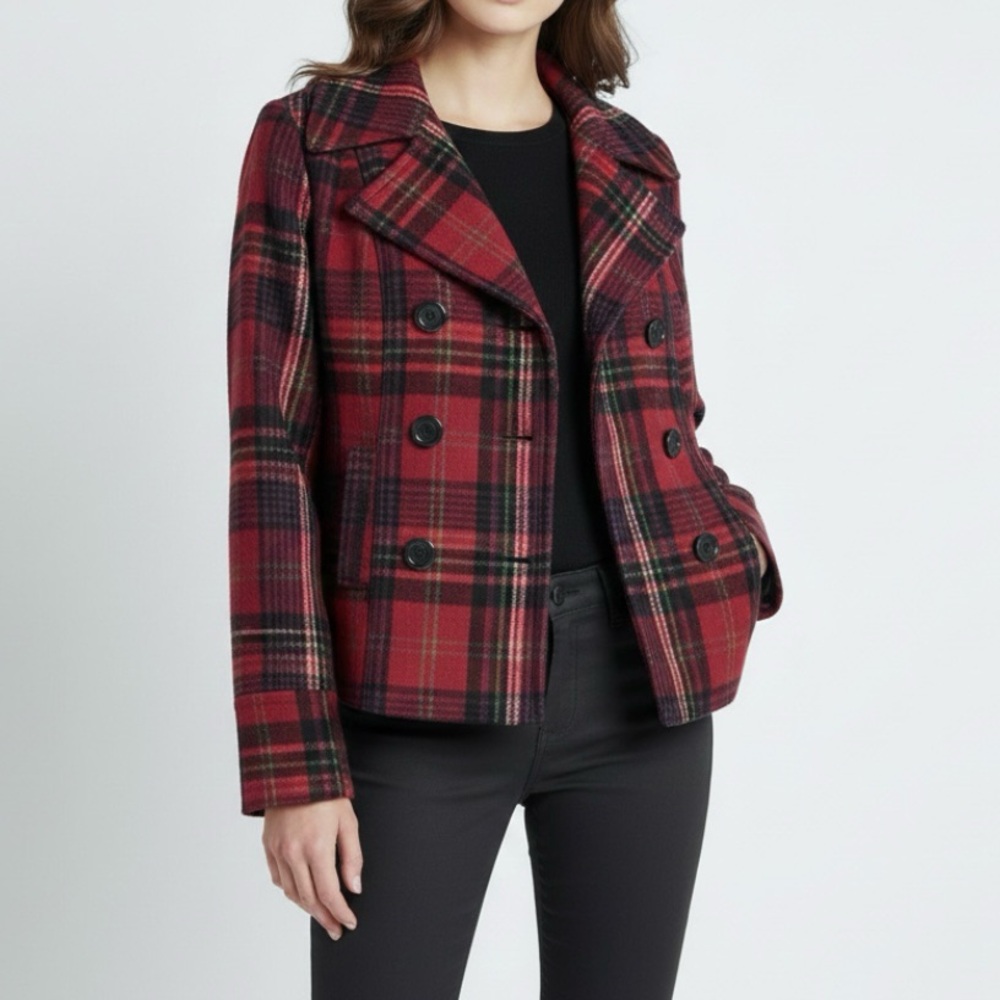 Old Navy Peacoat XS Jacket Red Plaid Double Breasted XS Wool Blend